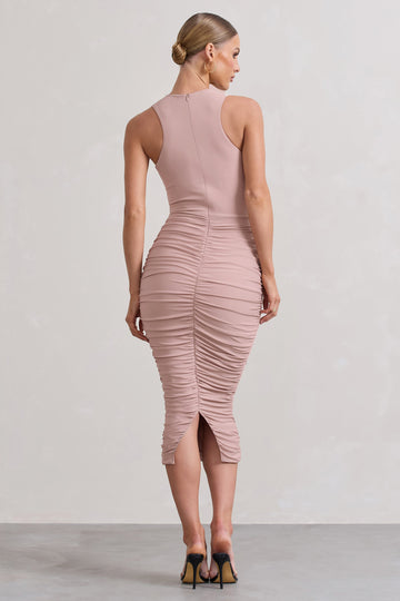 Antonia Champagne Sleeveless Ruched Bodycon Midi Dress